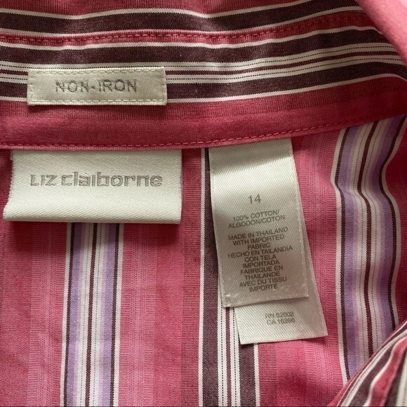 Liz Claiborne No Iron Purple Pink Stripe Button Front Long Sleeve Top SZ 14 - Picture 5 of 8